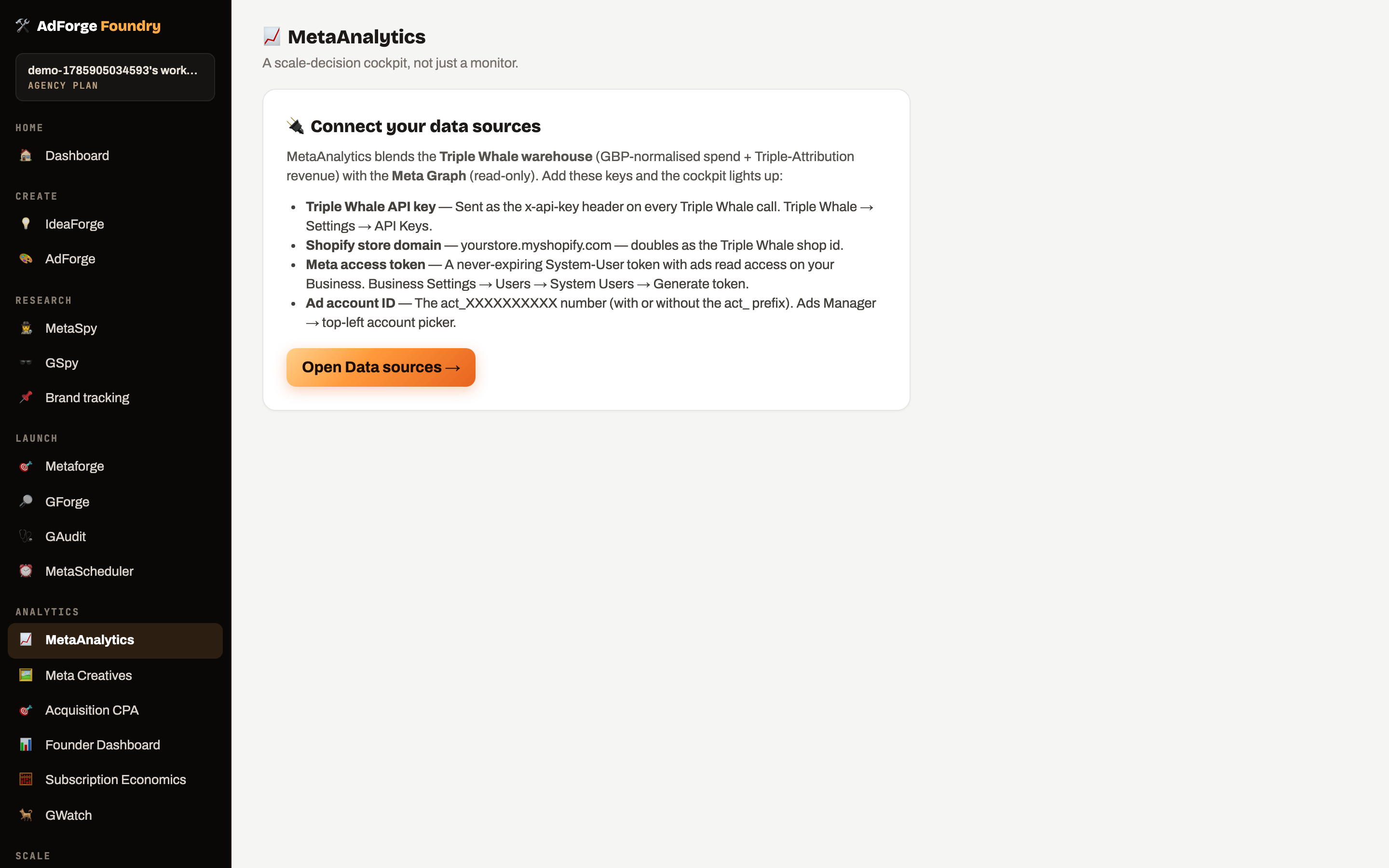 MetaAnalytics — Attribution-true analytics & creative verdicts (real product screenshot)