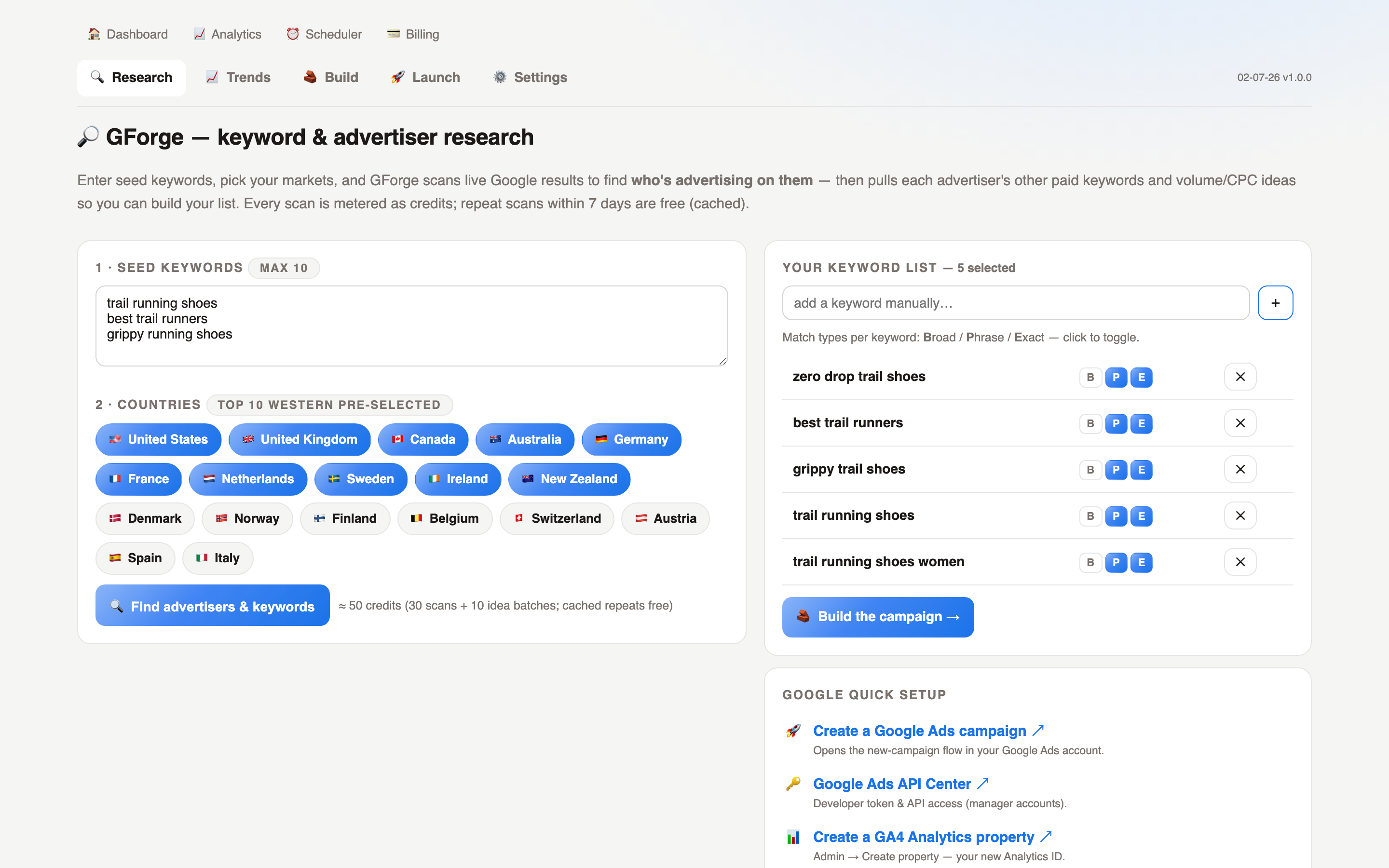 GForge — Google Ads setup & campaign builder (real product screenshot)