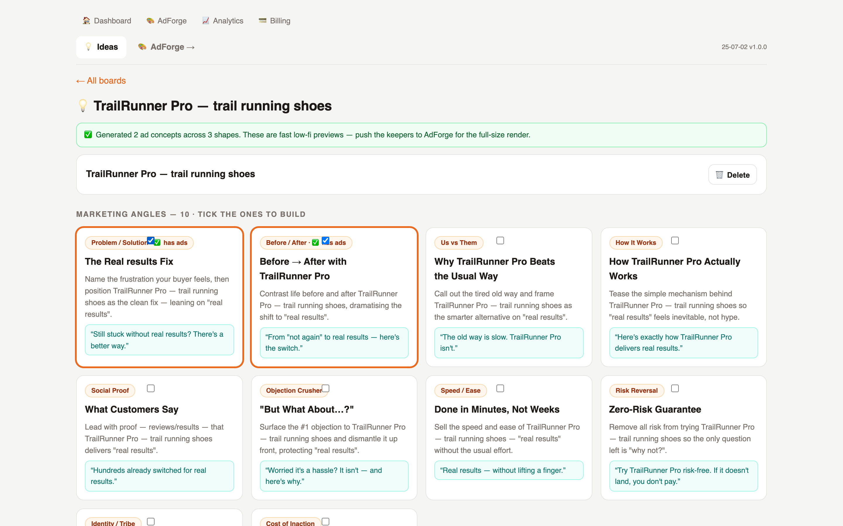 IdeaForge — AI ad ideation — angles, hooks & concepts (real product screenshot)