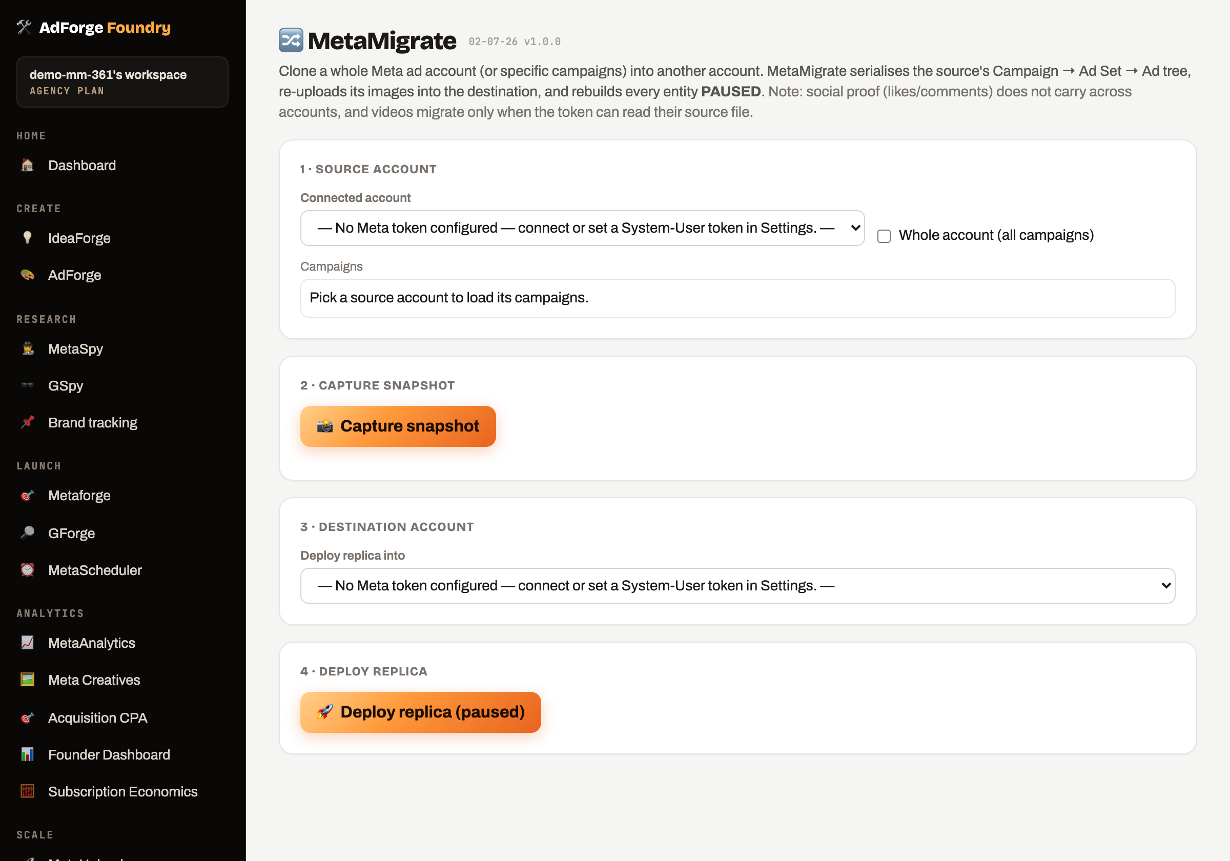 MetaMigrate — Clone Meta campaigns to another ad account (real product screenshot)